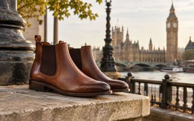 Une paire de bottines Chelsea en cuir marron posées sur un muret en pierre à Londres, expliquant pourquoi les chelsea boots ont un succès mondial.